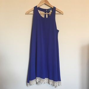 Blue A line dress with white lace hem